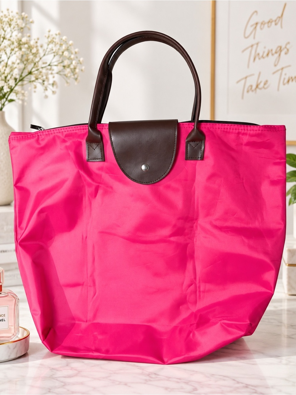 Hot Pink Nylon Tote Bag Brown Handles Zip Top Large Carryall Y2K Barbiecore Chic